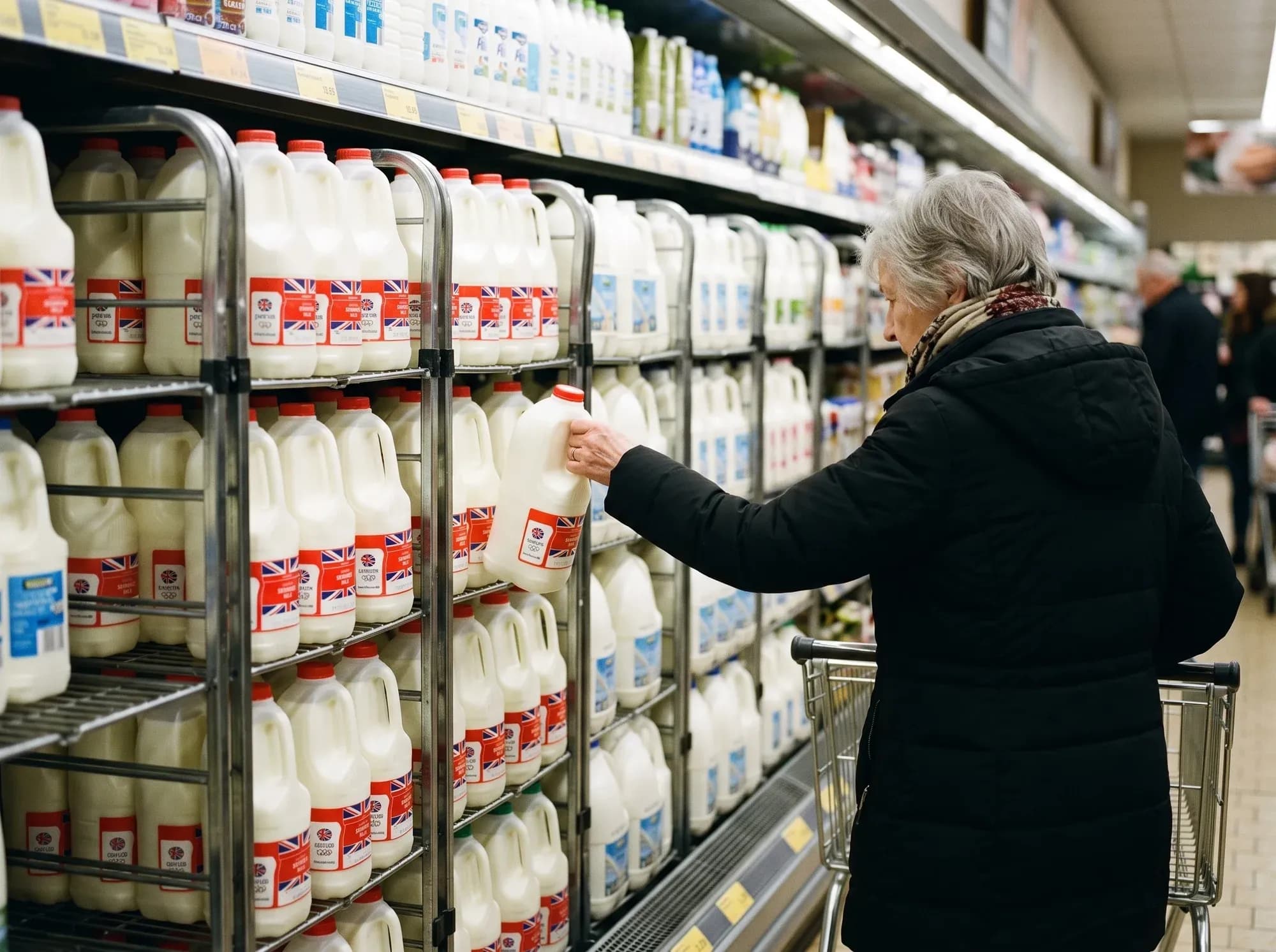 A shopper taking a bottle of milk from a supermarket chiller