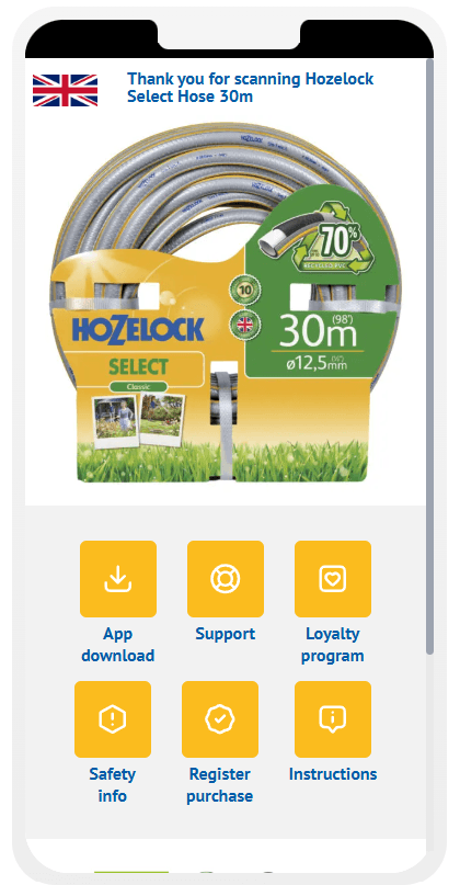 Hozelock UK landing page on a phone. It reads "Thank you for scanning Hozelock Select Hose 30m" above a photo of the hose pack, with buttons for App download, Support, Loyalty program, Safety info, Register purchase and Instructions.