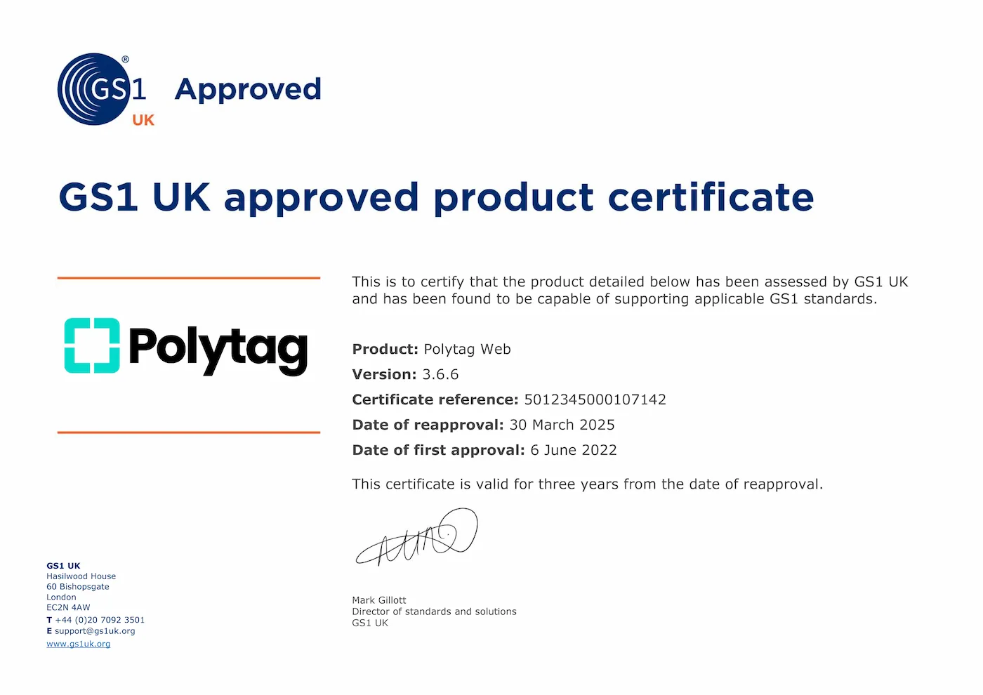 Certificat Polytag délivré par GS1