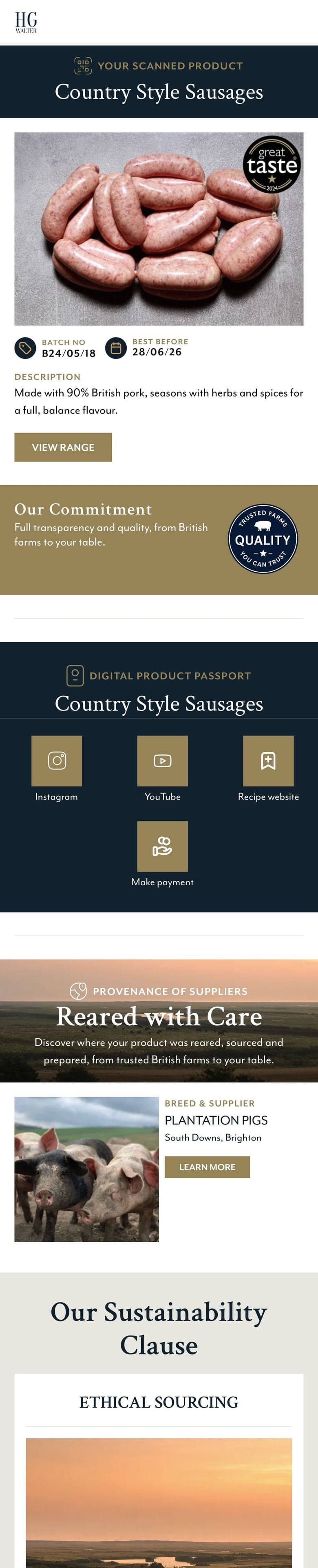 Une page d'accueil « Smart QR » d'une boucherie indiquant le numéro de lot et la date limite de consommation des saucisses, puis leur provenance, leur caractère durable et des recettes