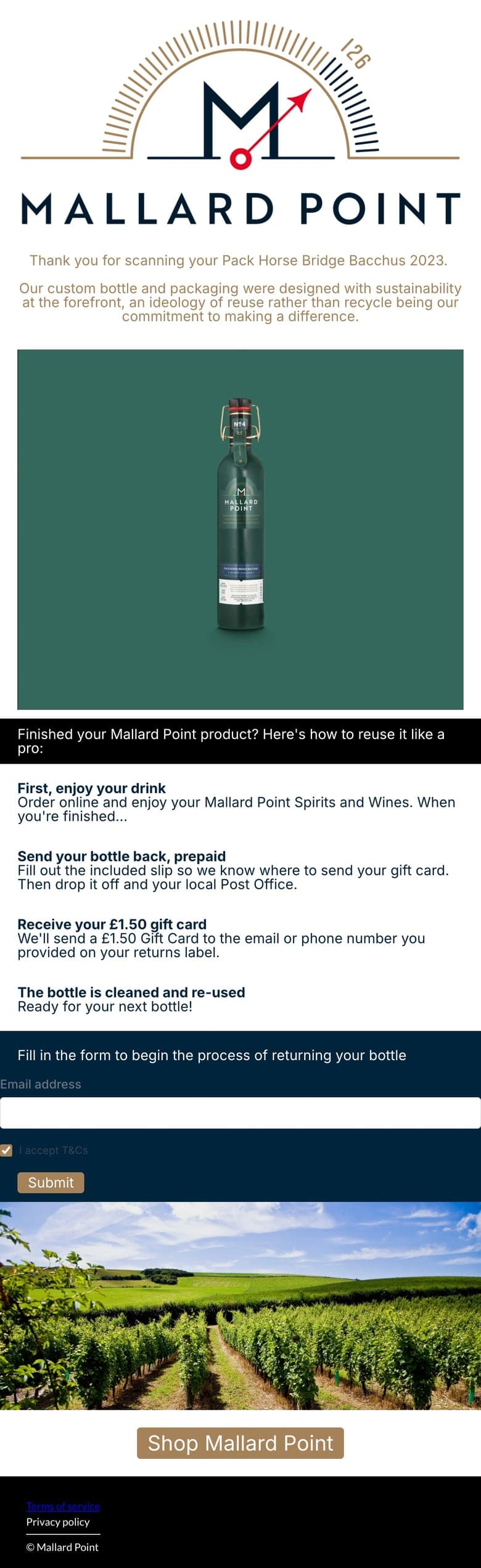 Página de inicio de Mallard Point sobre la devolución de botellas: escanea, envía la botella con franqueo pagado y recibe una tarjeta regalo de 1,50 £.