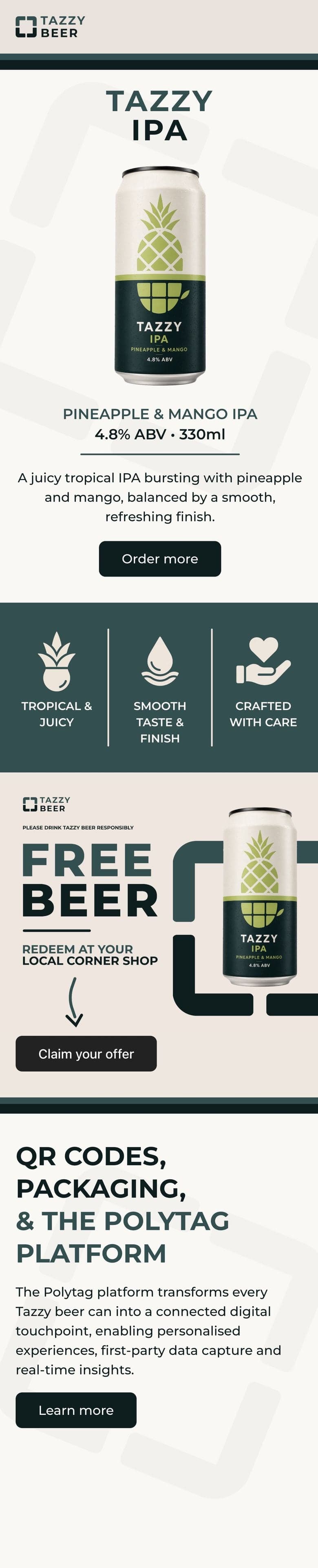 Una página de destino dedicada a la cerveza con una oferta de cerveza gratis canjeable en una tienda local, las ventajas del producto y un sorteo
