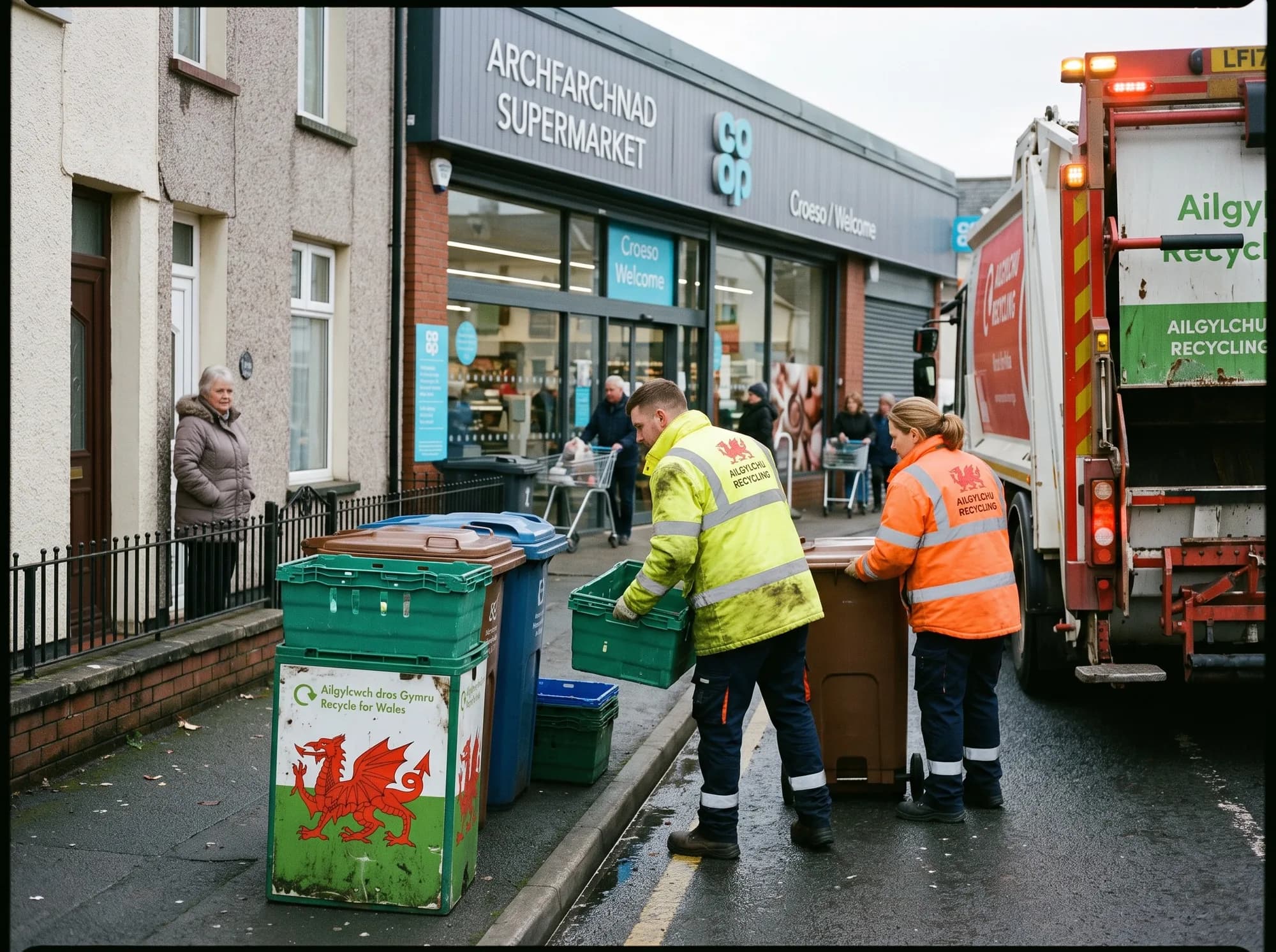 Collecte sélective en bordure de trottoir devant un magasin Co-op gallois, avec des bacs « Recycle for Wales »