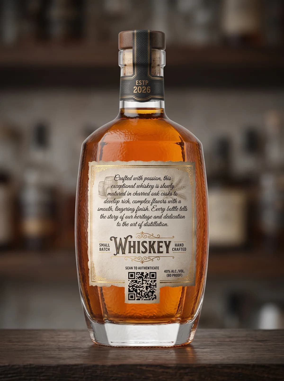 The back label of a My Brand Whiskey bottle with a printed QR code under 'Scan to authenticate'