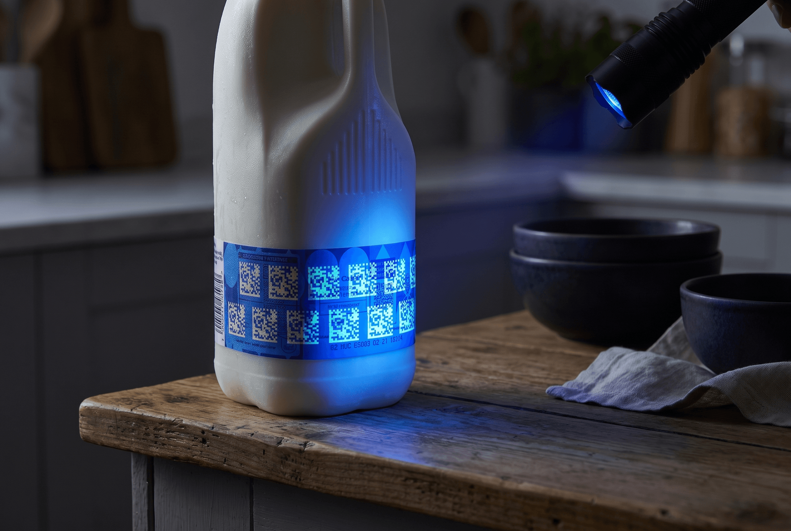 Milk bottle under UV light