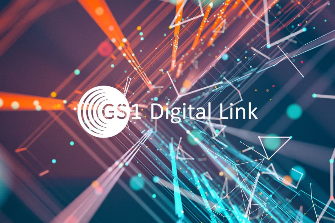 Abstract tech illustration with the text GS1 Digital Link