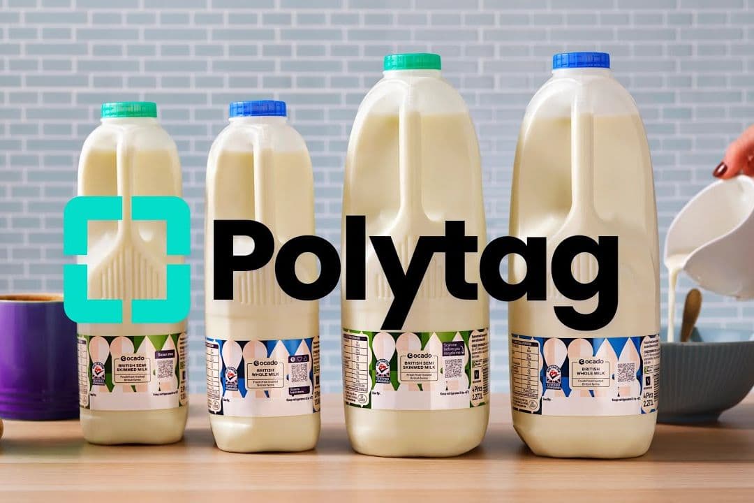 Polytag logo sitting in front of milk packaging.