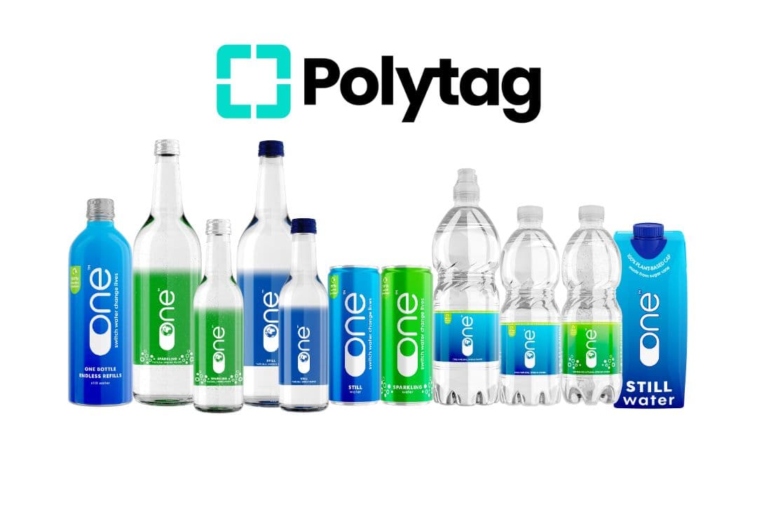 Photo showing polytag logo and some One Water bottle packaging