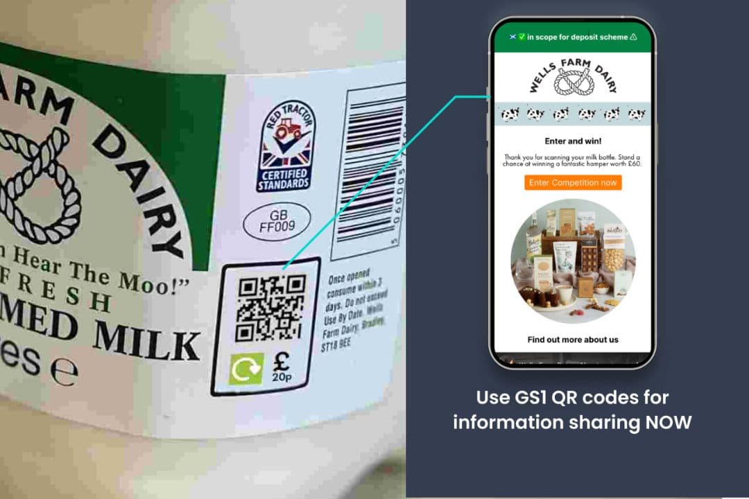 Photo showing a smartphone that has scanned a QR code on some milk packaging.
