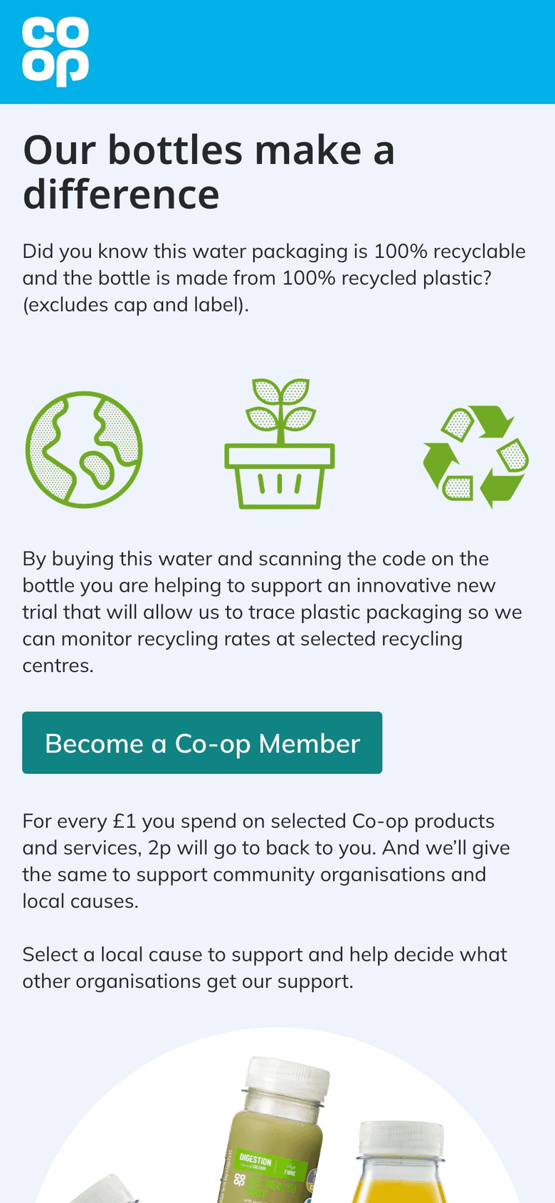 Co-op water bottle landing page: "Our bottles make a difference"