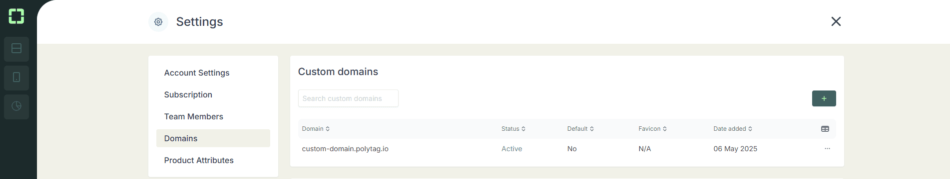 The Polytag platform Settings screen on the Domains tab, with a Custom domains table listing one active domain.