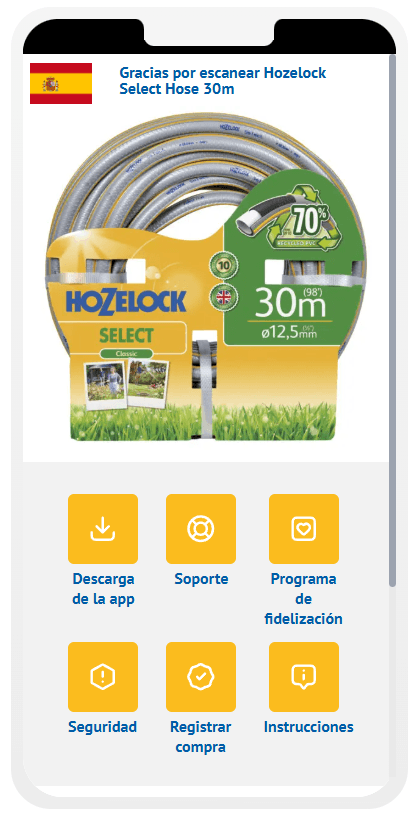 Hozelock Spanish landing page on a phone. It reads "Gracias por escanear Hozelock Select Hose 30m" above a photo of the hose pack, with buttons for Descarga de la app, Soporte, Programa de fidelización, Seguridad, Registrar compra and Instrucciones.