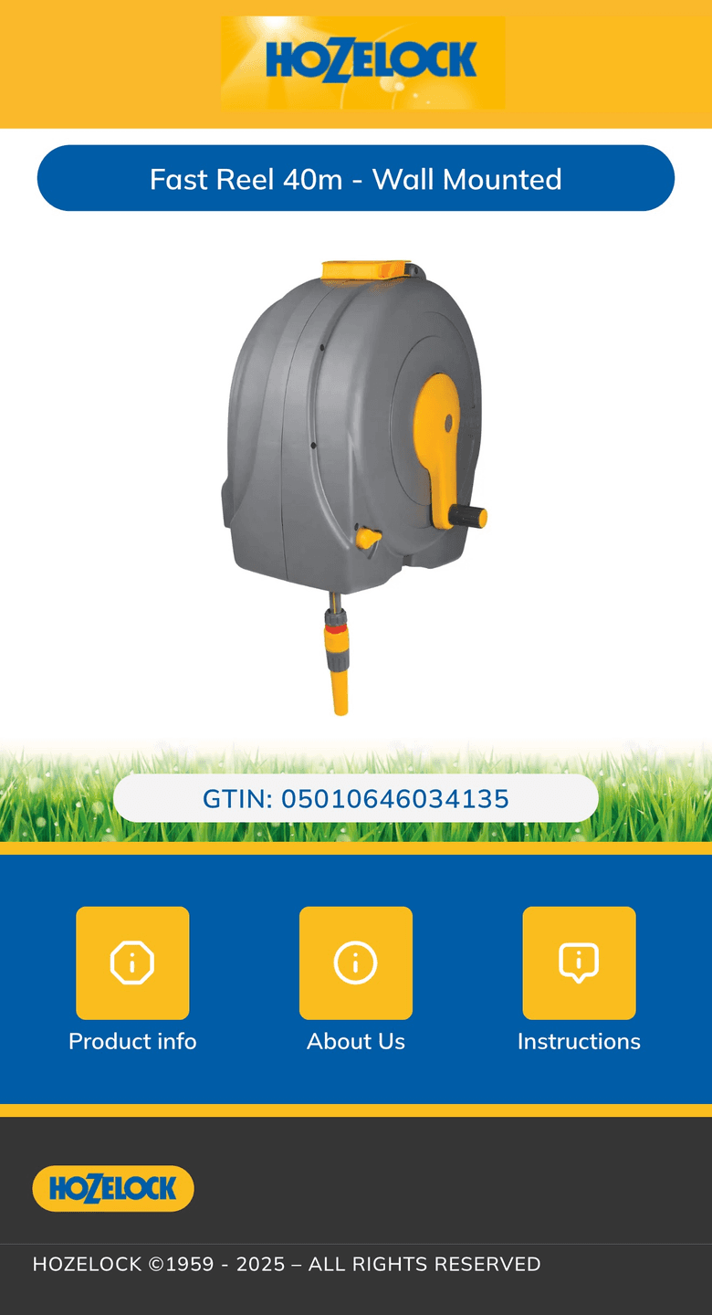 Hozelock landing page for the Fast Reel 40m wall-mounted hose reel, with its GTIN and buttons for product info, about us and instructions