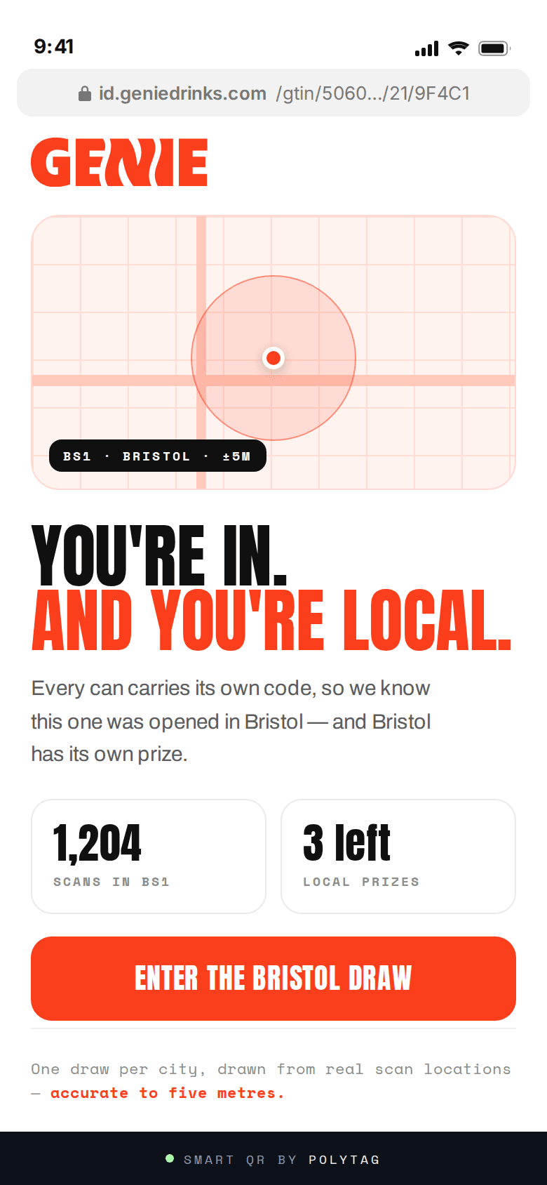 Genie Drinks location-based prize draw landing page