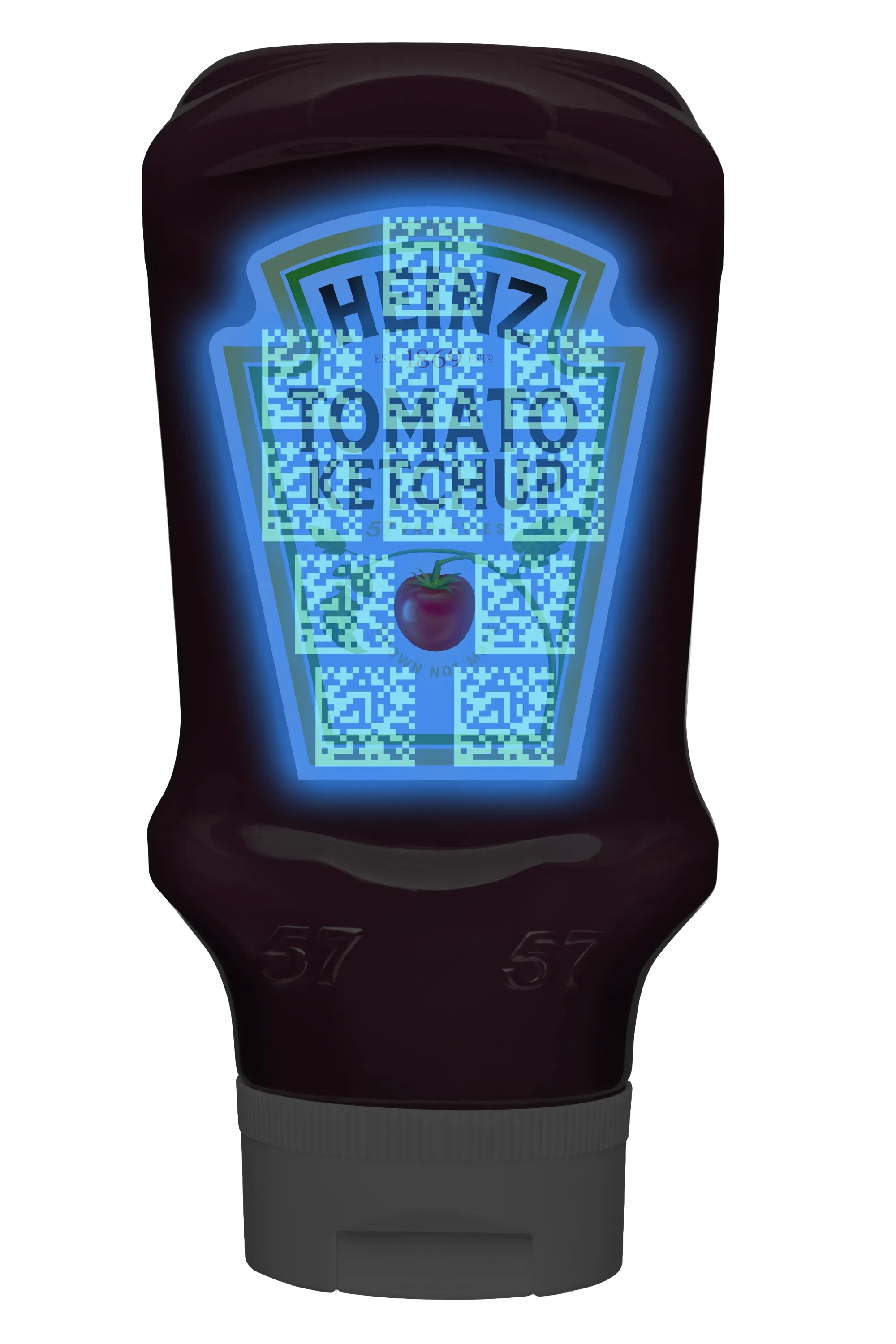 The same Heinz bottle under UV light, revealing the Invisible UV Tag printed across the label
