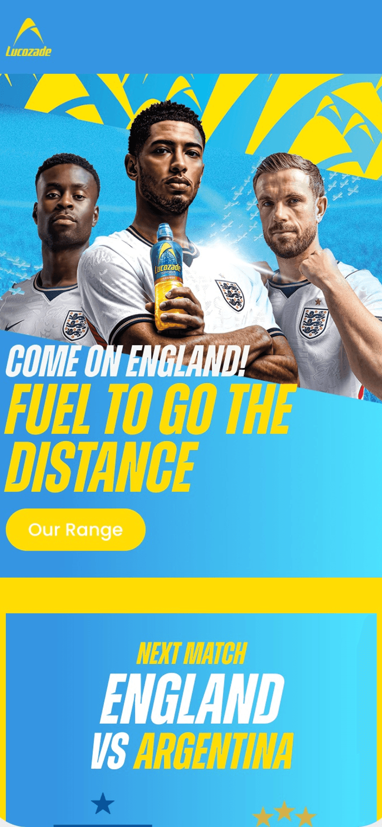 Lucozade England campaign landing page: "Fuel to go the distance"