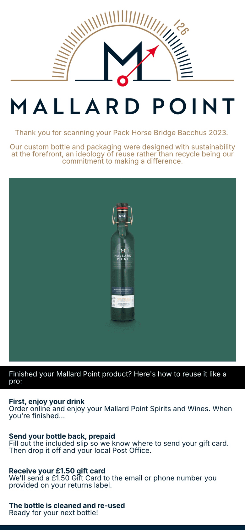 Mallard Point's bottle-return landing page: scan, send the bottle back, get a gift card