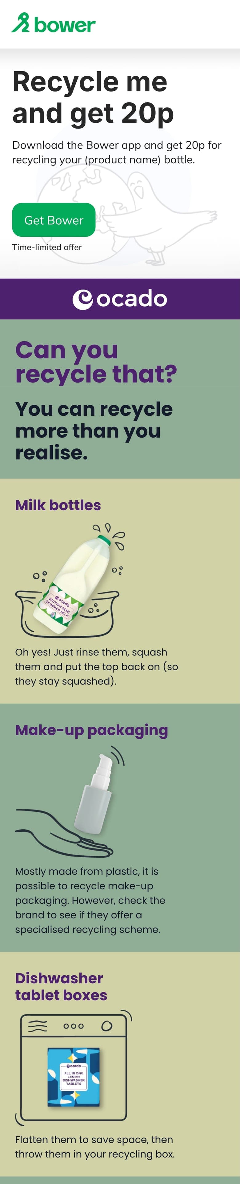 Ocado "Recycle me and get 20p" landing page with Bower, full length