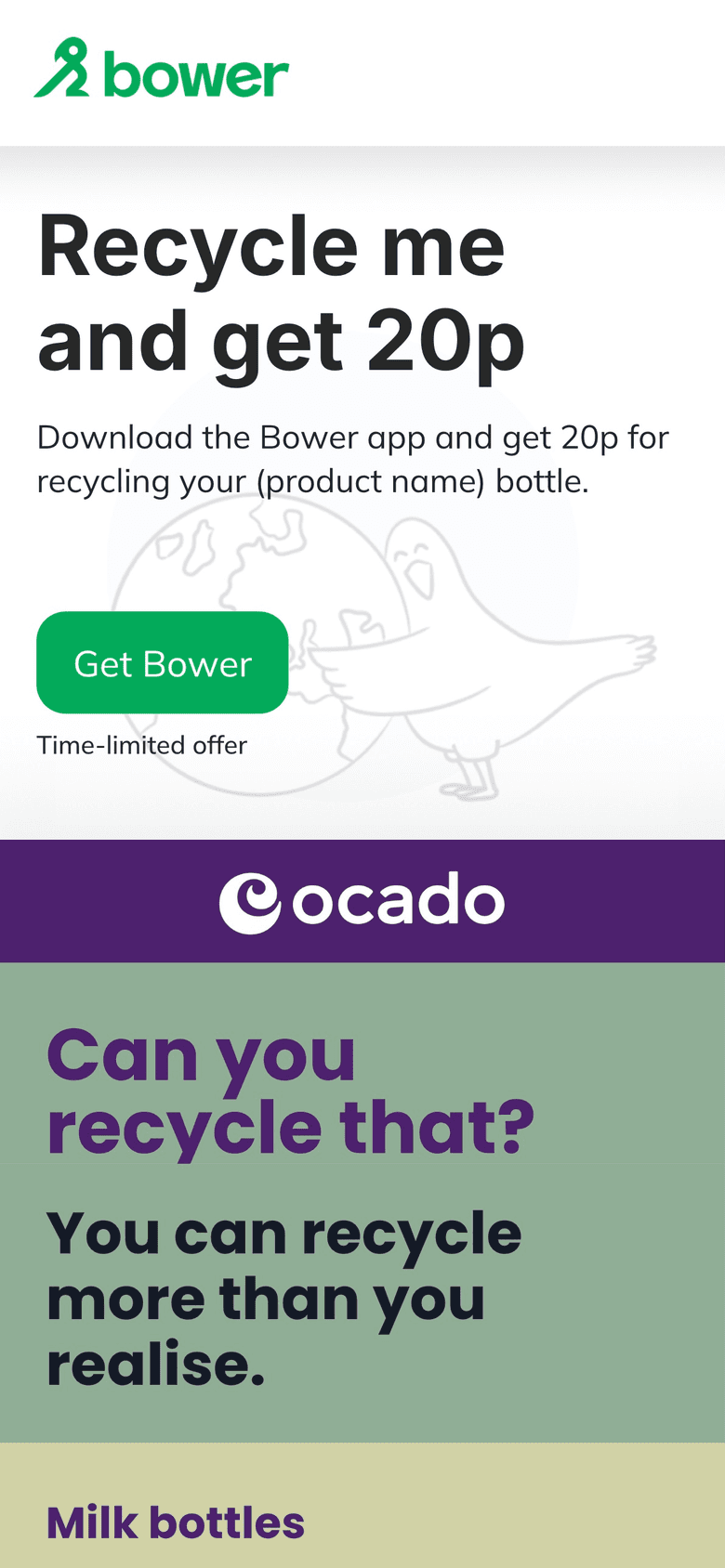 Ocado "Recycle me and get 20p" landing page with Bower