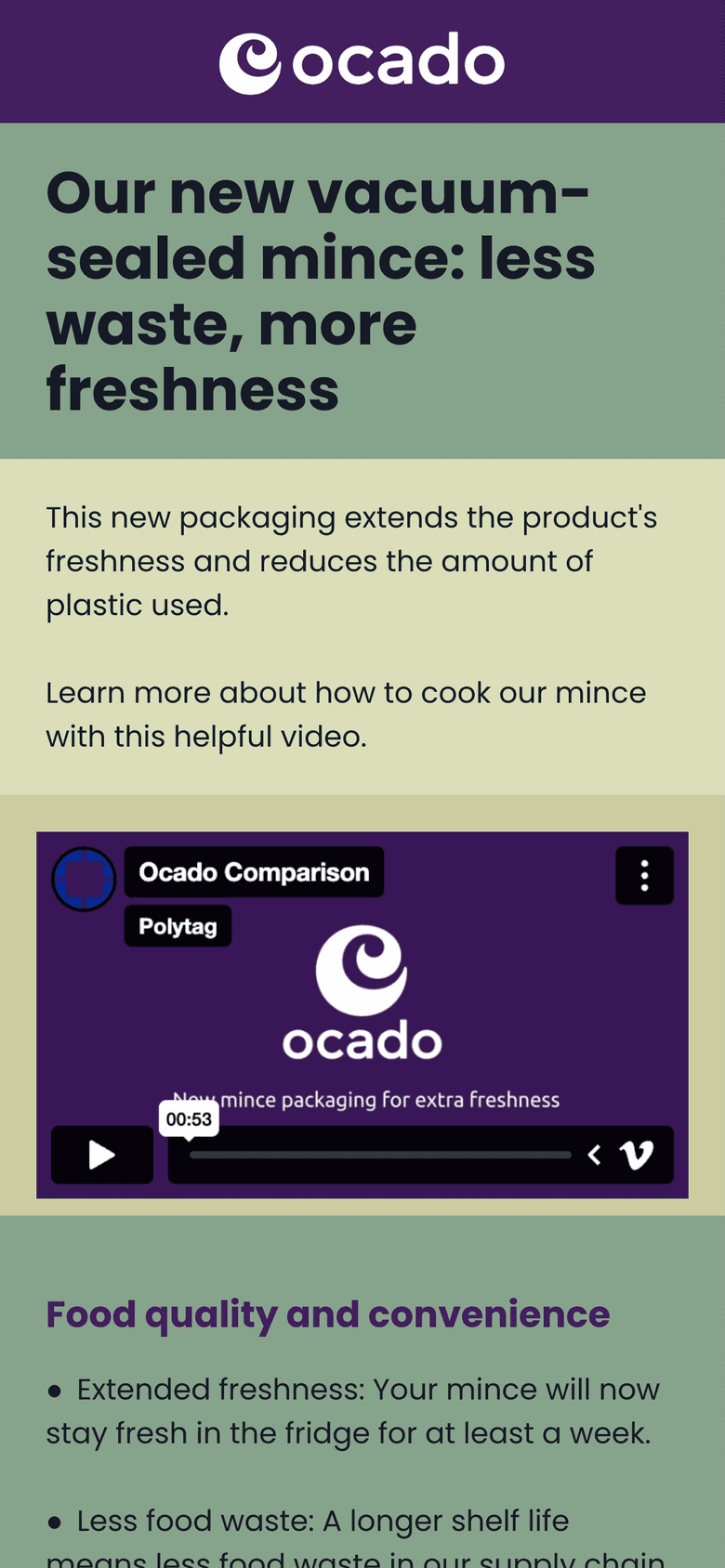 Ocado landing page: "Our new vacuum-sealed mince: less waste, more freshness", with a cooking video