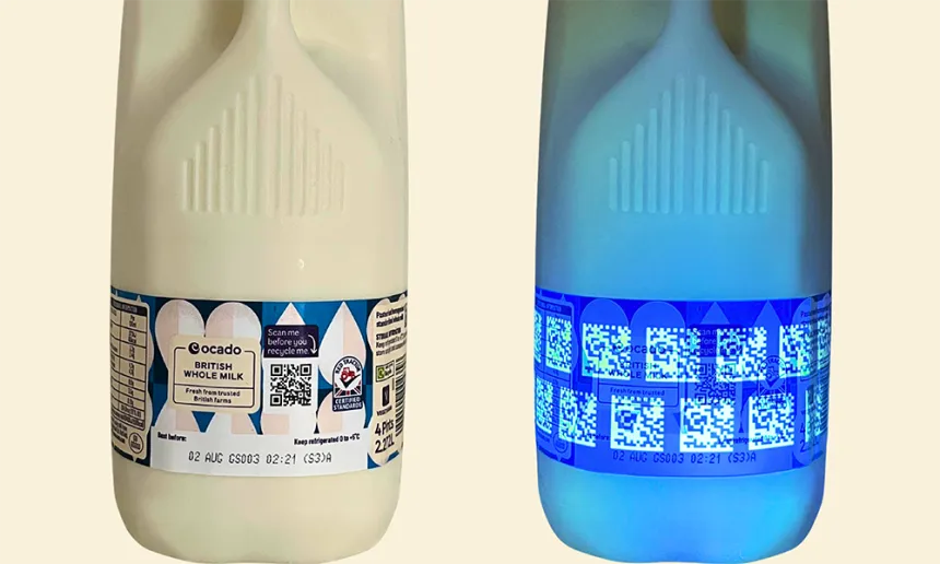 An Ocado milk bottle in daylight and under UV light, where the Invisible UV Tag codes glow across the label