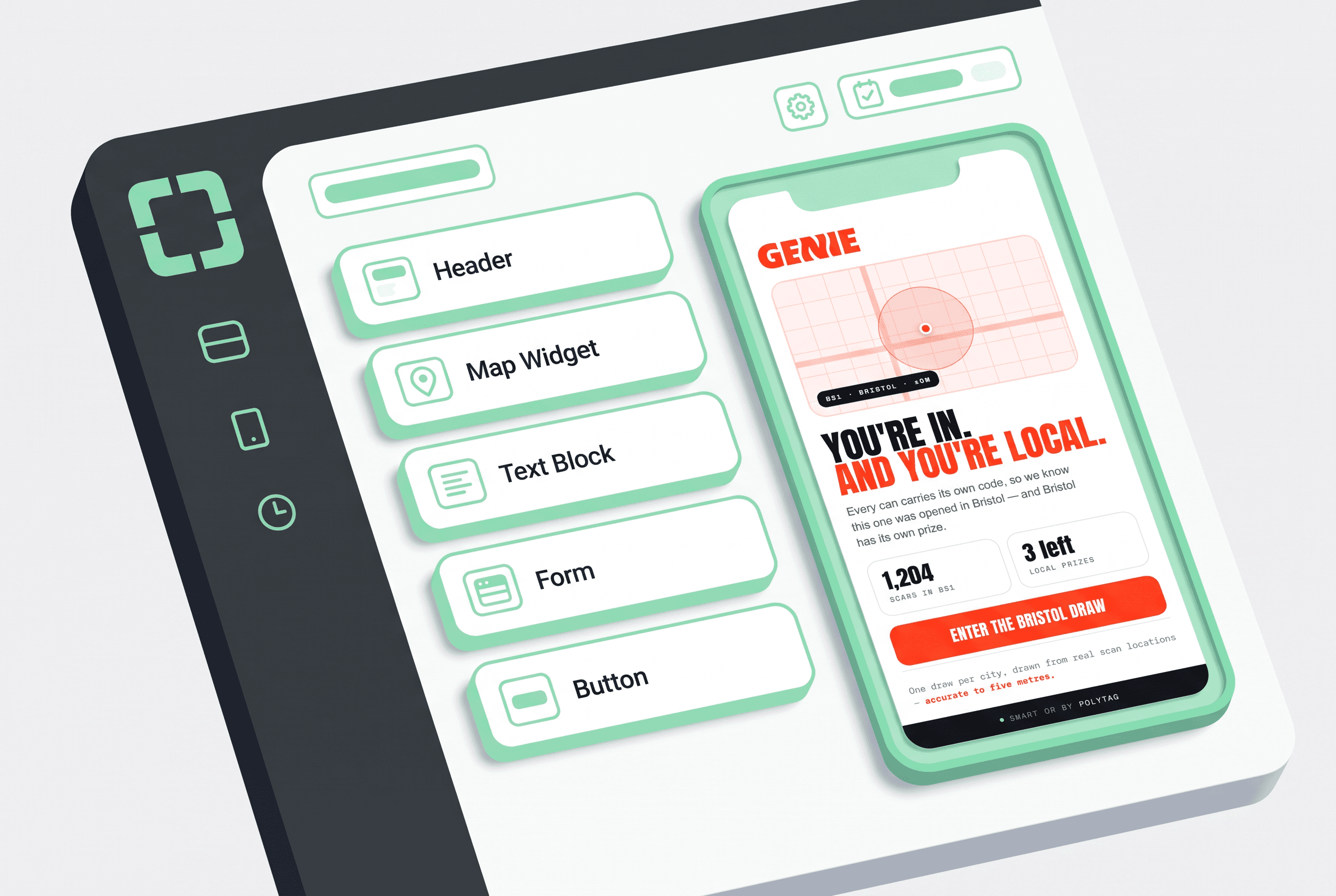 The Polytag landing-page builder beside a phone preview of a campaign page