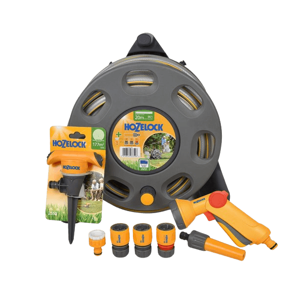 A Hozelock hose reel with a spray gun, hose connectors and a lawn sprinkler on its card, the kind of garden products the Hozelock Digital Product Passport covers.