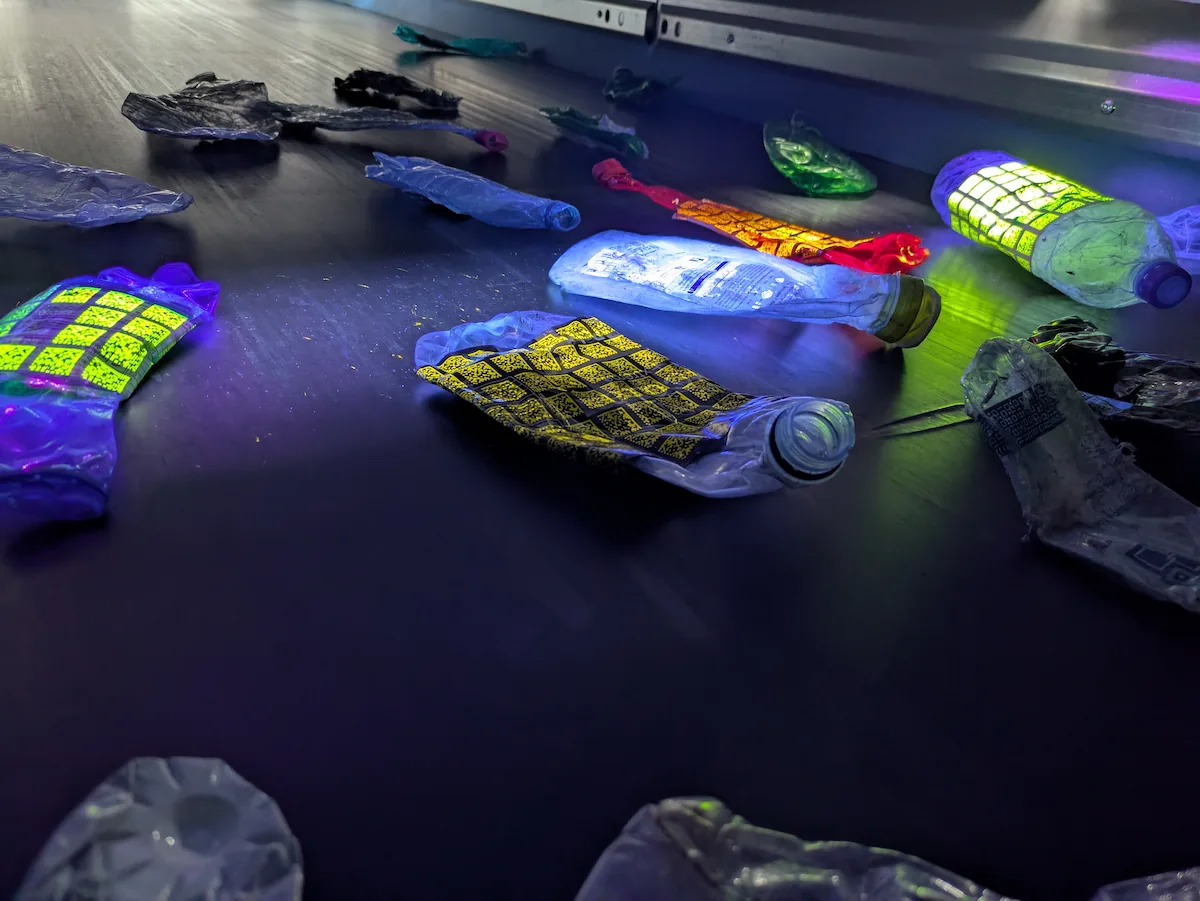 Envases con etiquetas UV escaneados en un centro de reciclaje.